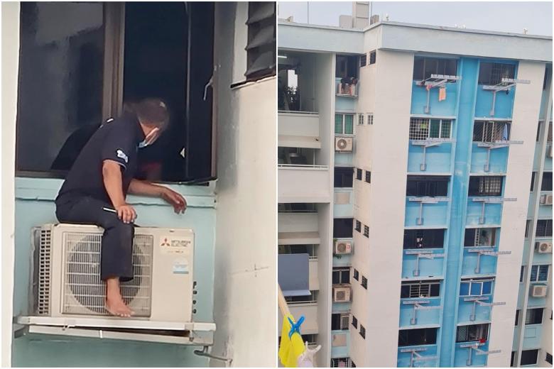 Photos of air-con worker without safety harness outside top-floor